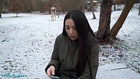 i spotted this spanish brunette flashing her big natural tits in the snow