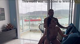 Brunette gets fucked on the couch in doggy style by her babysitter