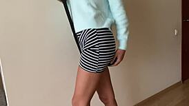 Tight Asian in Miniskirt and Stockings Sucks Close-Up Before Wild Fucking Date