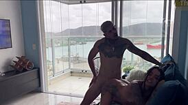 Brunette Bent Over, Pussy Fucked Intensely on Couch