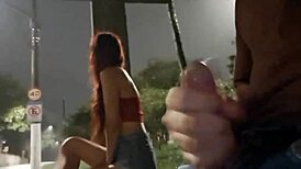 Risky public masturbation for hot redhead at bus stop