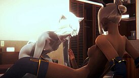 Furry yaoi hentai features a cat boy fucked by two futanari girls in cosplay costumes, a sissy crossdress asian manga anime porn gay scene