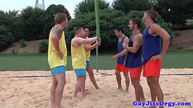 The athletic jock got cum covered after sucking that big cock in the group