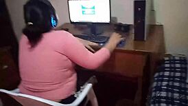 Gamer girl punished with hard fucking, almost caught