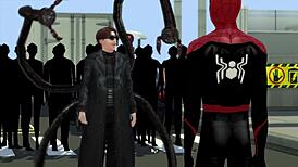 Superhero Spider-man faces off against the multiple-armed villain, Dr. Octopus in a wild scene