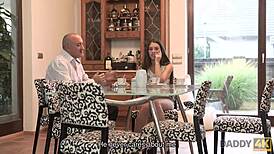 Daddy4k naughty brunette bangs bfs dad to make him super happy!