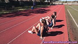 Teen 18+ lesbians finger each other at wild party scene