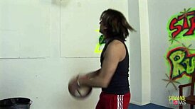 Brunette basketball player sucks cock and rides on court