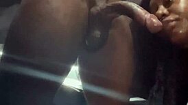 Ebony gay stud worships big black monster cock with sloppy face fucking blowjob during road trip