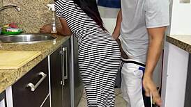 My stunning stepdaughter cleans kitchen in tight sexy dress, her big hot ass irresistible!