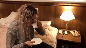 Blonde babe sucks huge cock then drinks cum coffee mix 😋