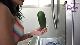 hairless shaved teen masturbates with cucumber in solo session