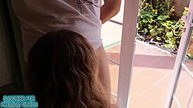 A quickie creampie in front of the window