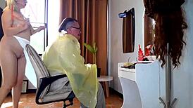 nudist barbershop lady hairdresser shocks client in apron