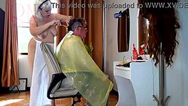 nudist barbershop lady hairdresser shocks client in apron