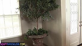 Busty teen seduces her massage client in the bathroom with teasing and grinding.