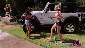 Hot Babes Jenna Foxx and Shy Love Rubbing Slits in Jeep