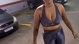 woman sweats in gym and gifts sweaty panties and feet post-workout