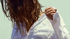 watch this sexy brunette milf dancing and ripping her clothes outdoor, babe?