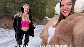 Two slutty friends suck cocks in snowy outdoor adventure