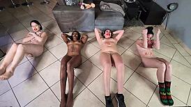 What drives four kinky sluts to gag on dildos for saliva facials?