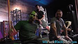 Ebony babe gets totally drenched in cum after wild group action!