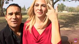 Man, this gorgeous blonde with massive tits gets drilled right in front of her partner!