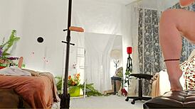 curvy milf oils her hairy nude body for voyeur cam, legs and ass on display