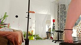 curvy milf oils her hairy nude body for voyeur cam, legs and ass on display