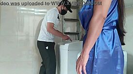 Wife provokes technician with bold seduction, leading to anal creampie and blowjob