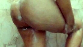 Chubby Indian woman with big natural tits masturbates in bathroom, begging for fuck.