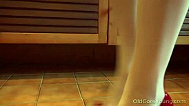 old man bangs sexy young babe hard on the couch