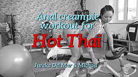 Thai babe in fitness room takes deep anal creampie. Big cock stretches her during workout!