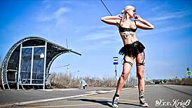 sexy tattooed girl in lingerie struts city streets, gets cum in mouth from outdoor blowjob