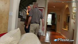 Oh damn! Horny grandpas mess with hot teen, forcing her to deep throat that big cock!