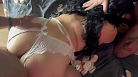 Teen brunette with big ass gets shared in threesome, deepthroating and fucked in missionary by cuckold