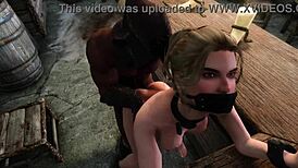 Bound in Skyrim's shadows, sexy blonde wife Gerdur endures rough bondage and intense assfucking. Dark desires unfold in 3D porn with anal play.