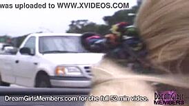 Hot blonde flashes topless while riding in my convertible.