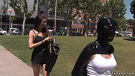 handcuffed blonde outdoors in voyeur scene