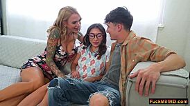 Sarah tests threesome with stepson Parker and Amber