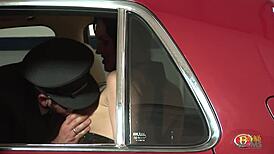 Glamorous milf gets slammed hard on the backseat of a car with trimmed pussy action