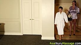 Asian lesbian masseuse delivers oral and handjob during nuru massage