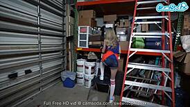 sexy blonde caught masturbating at work gets cum on titties?