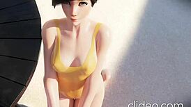 widow tracer beach threesome, bent over doggystyle blowjob and deepthroat riding