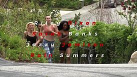 four hot lesbian babes tease and play in steamy group action.