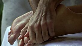 The busty blonde babe gets her feet jizzed in hardcore fetish