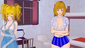 in the hs tutor game, pretty japanese girl strips naked, gets cumshot in 3d porn scene