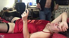 White amateur milf in red satin dress banged doggy style with spanking