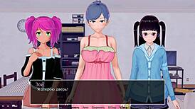 in the hs tutor game, pretty japanese girl strips naked, gets cumshot in 3d porn scene