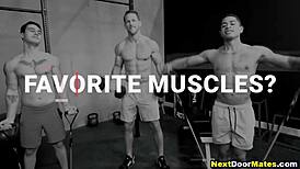 Gay gym workout ends up in a bareback threesome with rimjobs